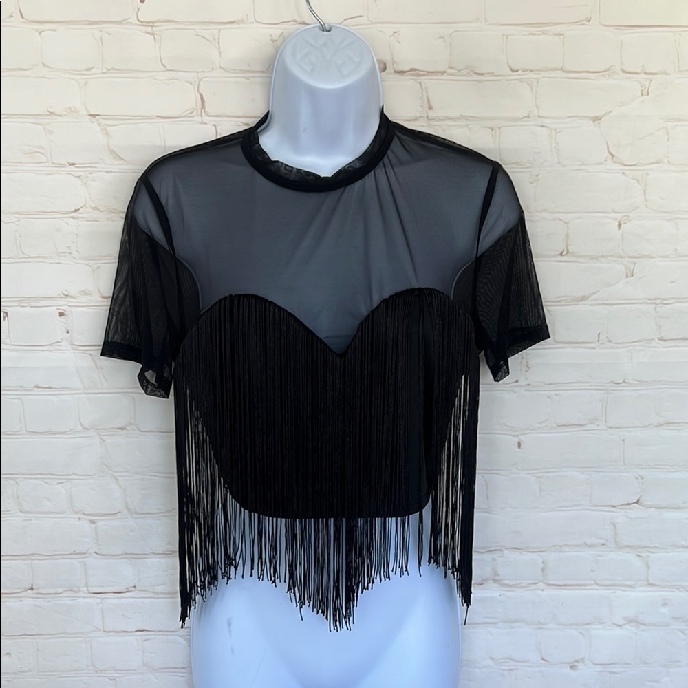 SHEIN mesh fringe black sexy top size large
